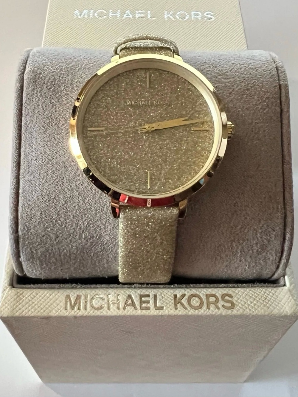 Michael Kors Charlie 3-Hand Gold Glitter Watch with Leather Band, Style# MK-7112
